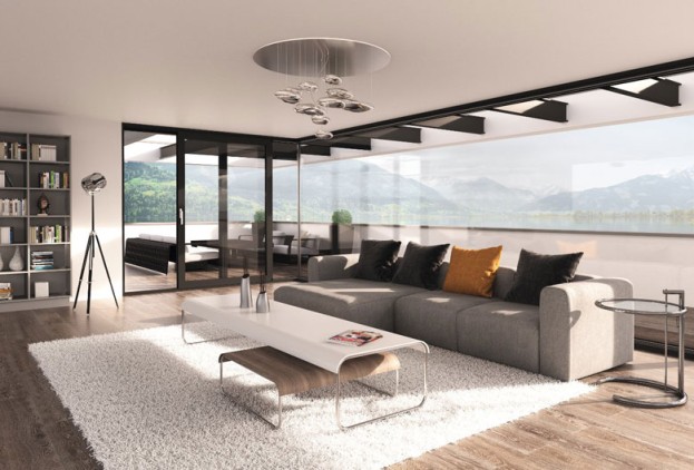 Terrace door interior view living room with window front and sliding door